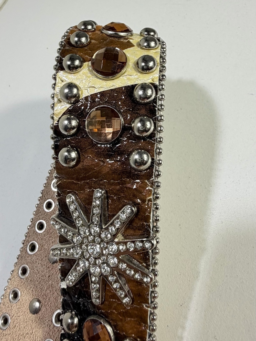 West Star Texas Large Leather Rhinestone Western Belt Brown Cream Bling - Picture 4 of 13